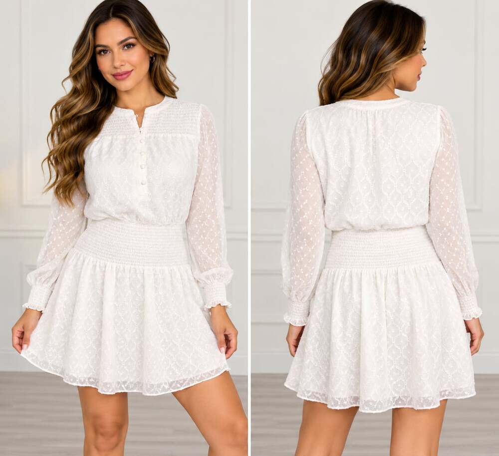White House Black Market Dress Size L Ecru Smocked Blouson